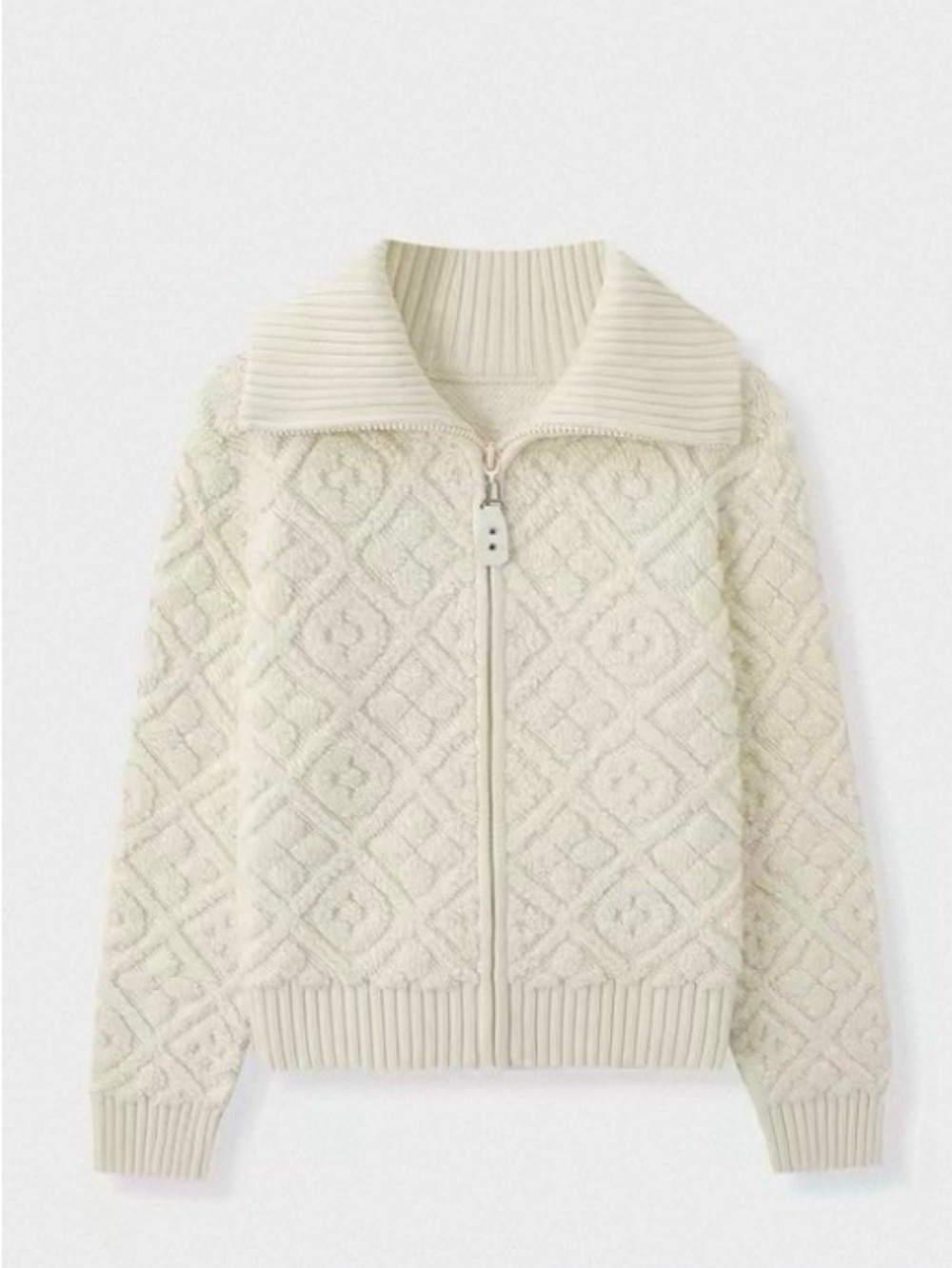 Textured Zip-Up Knit Jacket in Cream